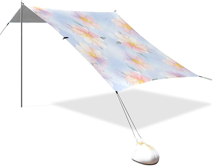 Wildflowers Beach Canopy Sun Shelter with Sandbags &amp Sand Shovel &amp Windproof Ropes - Portable 110x126 Beach Shade Beach Tent for Camping Picnics