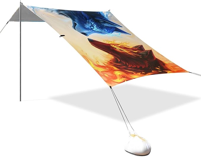 ALAZA Fire &amp Ice Wolf Beach Tent Sun Shelter UPF50+ Protection Beach Shade Canopy w/ 4 Sandbags for Outdoor Camping Fishing Backyard Fun Picnic 10x9 ft