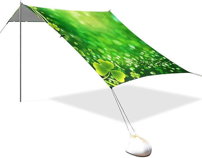 Beach Canopy with Windproof Ropes &amp Sandbags Beach Tent Sun Shade Sun Shelter for Camping Trips Fishing Backyard Fun or Picnics St. Patrick's Day Clover