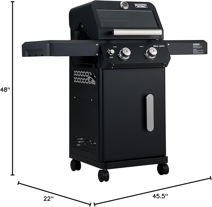 Monument Grills 2-Burner Foldable Stainless Steel Liquid Propane Gas Patio Garden Barbecue Grill with Clearview® Lid Knob Control Mesa220 with BBQ Cover