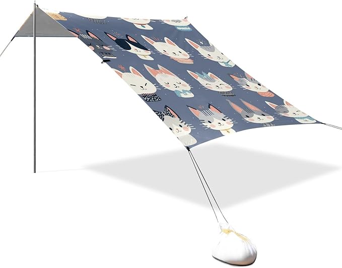 Cartoon Little Cats Faces Beach Cabana Tent UPF50 Waterproof Sun Shelter with Sand Pockets for Family Trips Picnics &amp Camping
