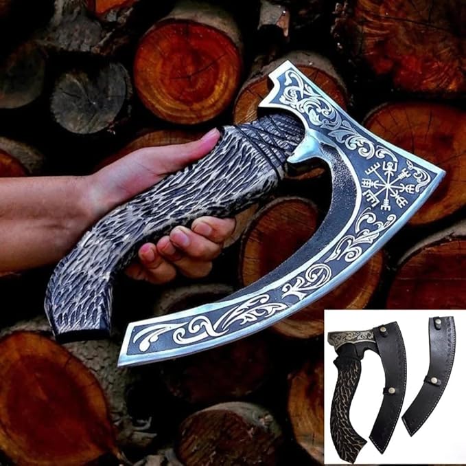 Forest Hunting/Viking Steel Pizza Axe Authentic Medieval Pizza Cutter Axe Hand forged ax Rocking Pizza Gift Knife with leather sheath (Etching FH2022)