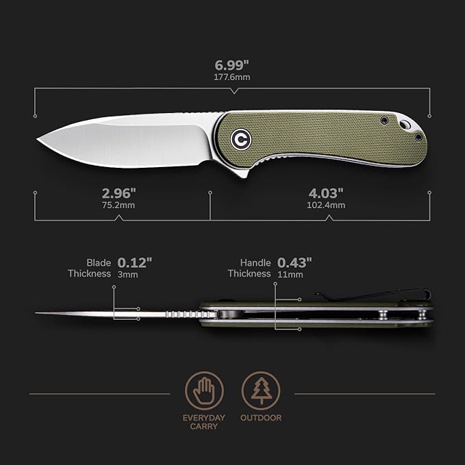 CIVIVI Knives Elementum Folding Pocket Knife 2.96 D2 Satin BladeG-10 Handles C907E (Green)