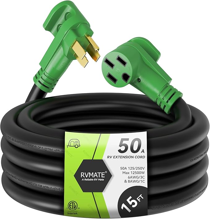RVMATE 50 Amp 15 Feet RV/EV Extension Cord Easy Plug in Handle 14-50P to 14-50R with LED Indicator ETL Listed Come w/Storage Bag and Plastic Strap