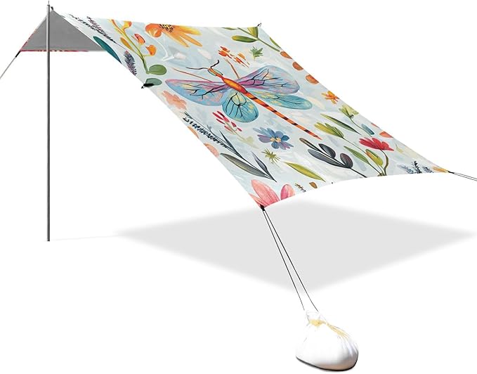 ALAZA Funny Dragonfly Floral Watercolor Beach Tent Sun Shelter Portable Canopy Sunshade for Outdoor Camping Picnics Backyard Fun 10x9 ft