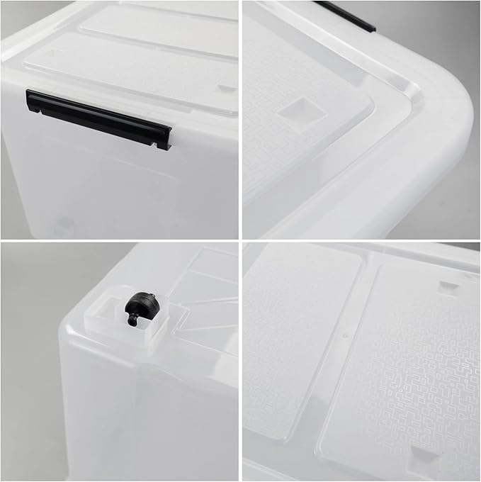 4 Packs 70L Large Plastic Storage Container with Wheels and Latching Lid Stackable Storage Containers Bin Clear