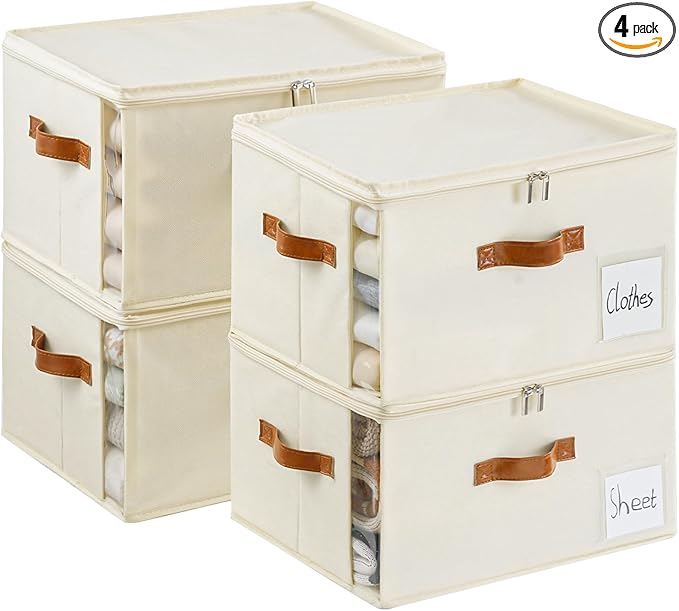 4 Pack Large Storage Bins with LidsFoldable Closet Organizer with Clear WindowCollapsible Storage Cubes with HandleFabric Storage Containers for Organizing BlanketClothes15.94x11.81x9.84 Inches