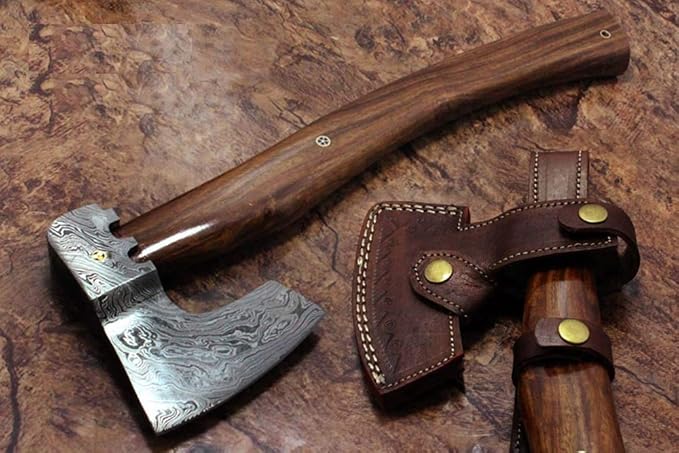Damascus Steel Tomahawk Axe Bearded Hiking Battle axe17 Inches Long Hand Forged with Rose Wood Round Handle Large 5 Cutting Edge Thick Cow Hide Leather Sheath