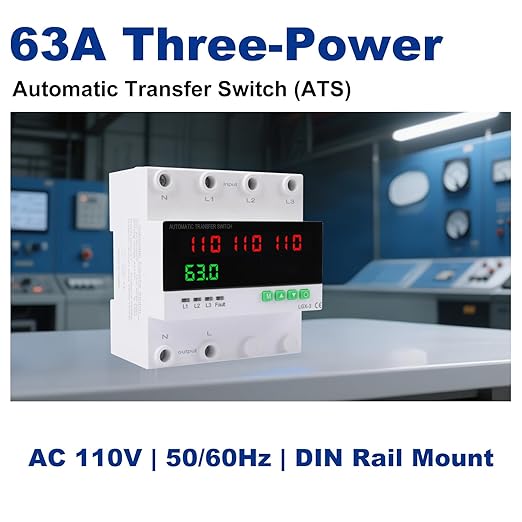 63A 110/120V Triple Power Automatic Transfer SwitchAutomatic Switching Between Utility Power、Generator and InverterOvercurrent ProtectionOvervoltage and undervoltage Protection