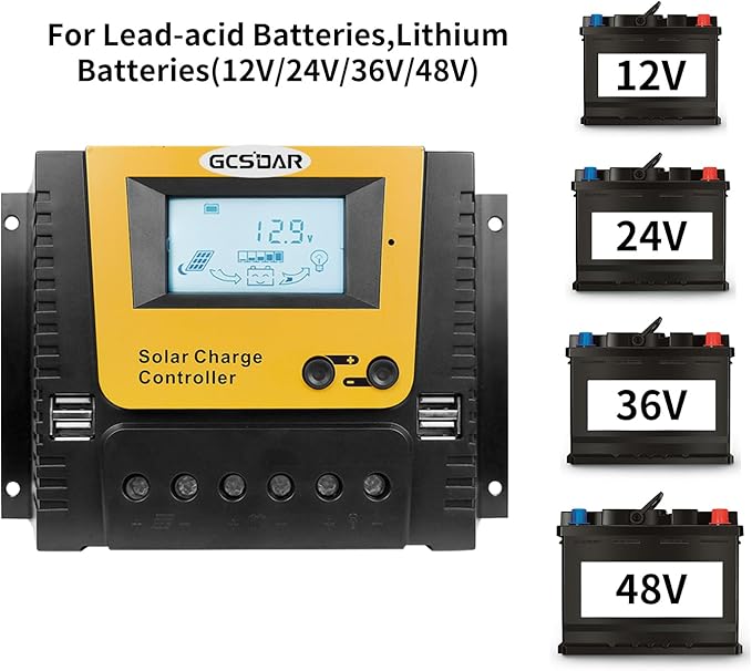 40A Charge Controller  12V/24V/36V/48V Auto Max PV 100V .Positive Grounding 40amp Solar Charge ControllerLCD Display Work for Lead-Acid Sealed/Gel(AGM)/Flooded and Lithium Battery