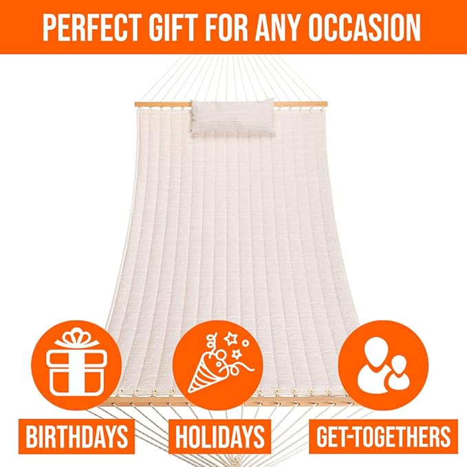 Castaway Living Large Natural Solid Quilted Polyester Hammock – 11.5 ft. x 52 in. 350 lb Capacity Pillow Storage Bag Extension Chains &amp Tree Hooks – Durable Outdoor Lounger