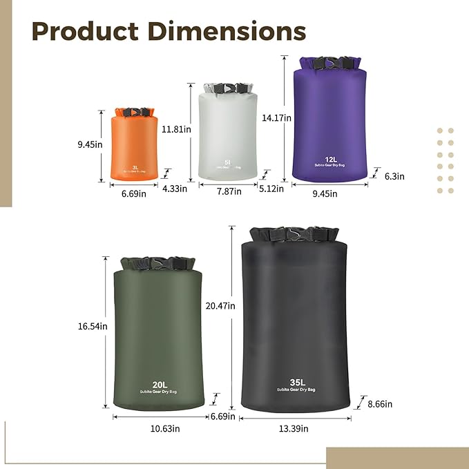 Waterproof Lightweight Dry Bags Set Of 5 Pcs 70D Polyester Ideal Camping Kayaking 3L 5L 12L 20L 35L Included (6.6 Lbs 11 Lbs 26.5 Lbs 44 Lbs 77 Lbs) Assorted Colors