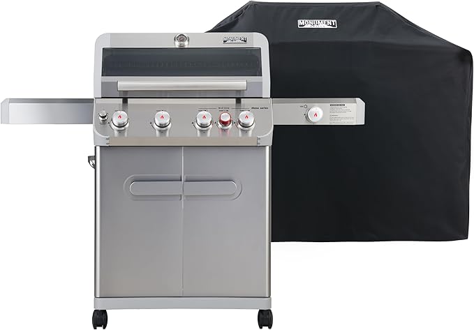 Monument Grills Outdoor Barbecue Stainless Steel 4 Burner Propane Gas Grill 62000 BTU Patio Garden Barbecue Grill with Side Burner Infrared Technology and Knob Controls Mesa415BZ with BBQ Cover