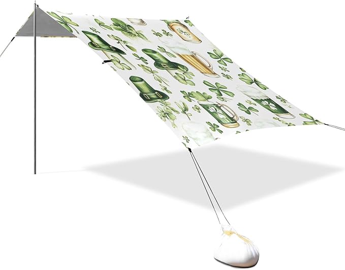 xigua St. Patrick's Day Beach Tent Sun Shelter with Carrying Bag - Silver Coated Oxford Fabric Beach Canopy for Beach Camping Fishing - Includes Windproof Ropes Sandbags &amp Stakes