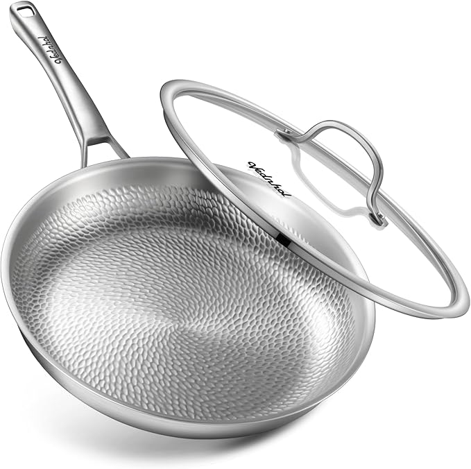 Titanium Pan 12 Inch Pure Titanium Hammered Pro frying pan with Lid Non-Toxic Skillet for Cooking PFAS/PFOA/PTFE Free Cookware Dishwasher&ampOven Safe Kitchen Induction Compatible