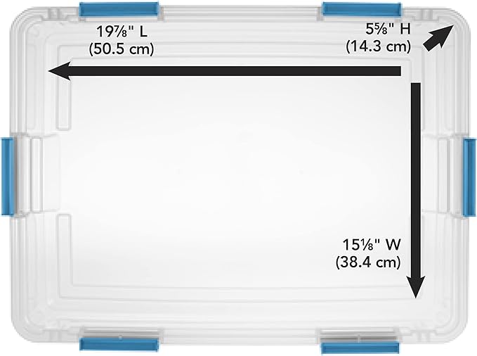 Sterilite 37 Qt Gasket Box Stackable Storage Bin with Latching Lid and Tight Seal Plastic Container to Organize Underbed Clear Base and Lid 4-Pack