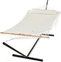 PNAEUT Double Hammock with Stand for Outside Rope Hammocks with Polyester Pad 2 Person 12ft Heavy Duty Stand Extra Pillow Storage Sidebag Max 475 lbs Capacity (Pearl White)