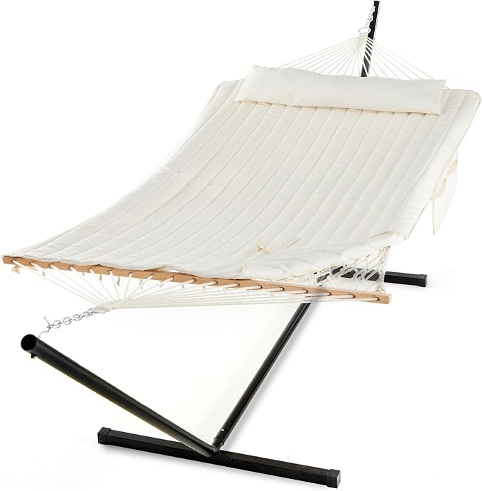 PNAEUT Double Hammock with Stand for Outside Rope Hammocks with Polyester Pad 2 Person 12ft Heavy Duty Stand Extra Pillow Storage Sidebag Max 475 lbs Capacity (Pearl White)