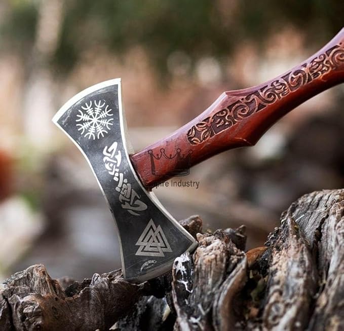 Handmade High Carbon Steel Double Edge Viking Axe - Valhalla Axe with Sheath - Viking Hatchet - Hunting Axe - Rose Wood Handle - Hand Engraved Design by Empire Industry