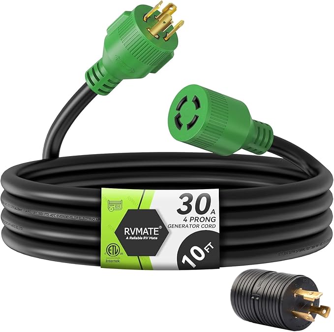 RVMATE 30 Amp Generator Cord 4 Prong 10 Feet NEMA L14-30P/L14-30R 125/250V Up to 7500W 10 Gauge SJTW Generator Extension Cord ETL Listed