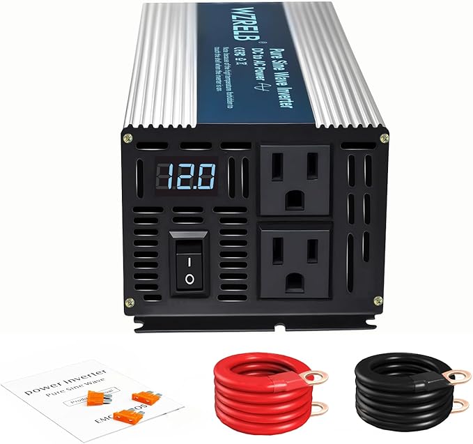 WZRELB 500W Pure Sine Wave Inverter 12V DC to 110V 120V AC Power Converter with LED Display Off-Grid Portable Power Inverter with 2 AC Outlets for Home RV Truck Camping