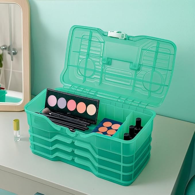 Best Kept Portable Cosmetic Organizer with Compartments | Makeup Organizer Box For Vanity | Skin Care | Jewelry | Cosmetic Train Case | Hair &amp Grooming Storage Case | Green translucent