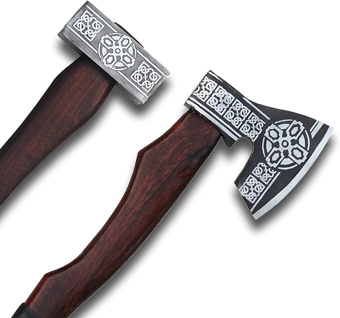 2pcs Handmade Medieval Set Viking Axe &amp Hammer Set Viking Battle Axe with Handmade Leather Sheath and HandForged Viking Hammer Viking Collectibles Viking Bearded Axe and Viking Hammer Combo Se