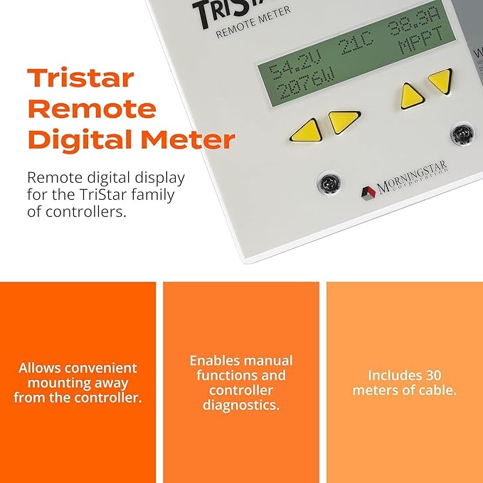 Morningstar Tristar Remote Meter-2 (TS-RM-2) - Connects via 30m Cable to Tristar PWM/MPPT Solar Controllers to Display System Info Logged Data Graphs Alarms &amp Faults Troubleshooting - 5 Languag