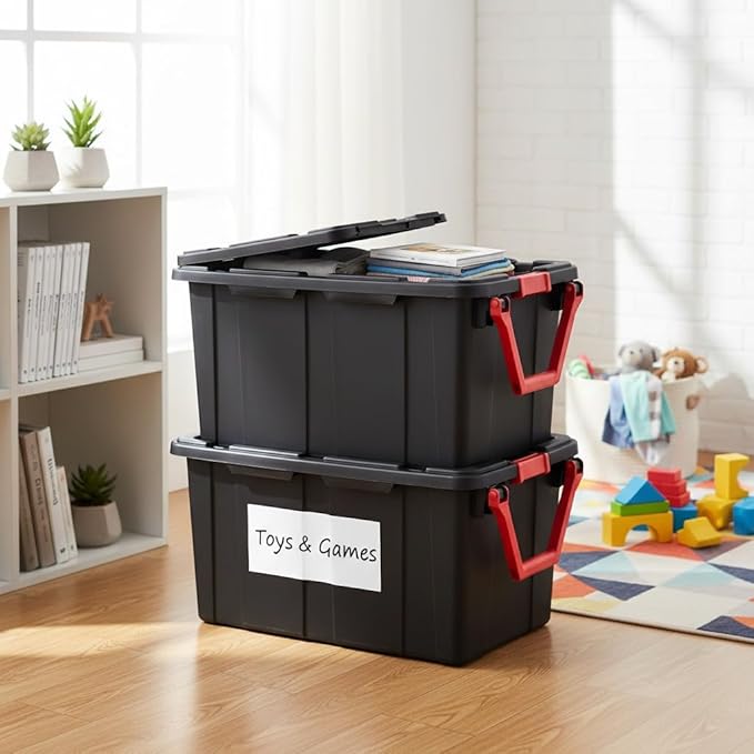 40 Gallon Extra Large Rolling Storage Bins 2-Pack Black Heavy-Duty Plastic with Pivoting Handle &amp Leak-Resistant Lid for Garage Warehouse Industrial Storage