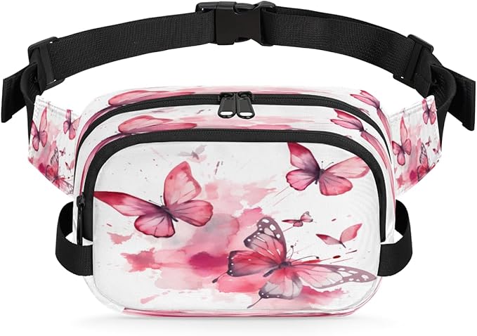 Watercolor Butterfly Waterproof Fanny Pack for Women Men Adjustable Waist Bag with Double Zipper Pockets Lightweight Square Hip Pack for Running Travel Hiking Workout Cycling