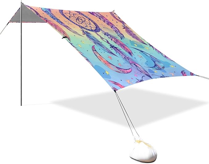 ALAZA Rainbow Dreamcatcher Moon Beach Tent Sun Shelter UPF50+ Protection Beach Shade Canopy w/ 4 Sandbags for Outdoor Camping Fishing Backyard Fun Picnic 10x9 ft