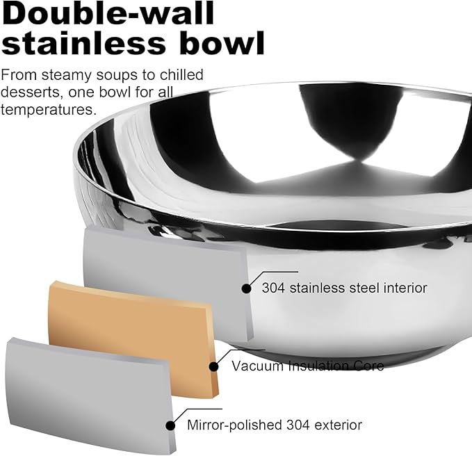 2 Pack 304 Stainless Steel Pasta Bowls 47oz Double Walled Insulated Soup Salad Bowls Unbreakable 8.7 Large Cereal/Ramen/Udon/Noodle/Pho Bowl Plates with 2 Spoons &amp Forks Dishwasher Safe
