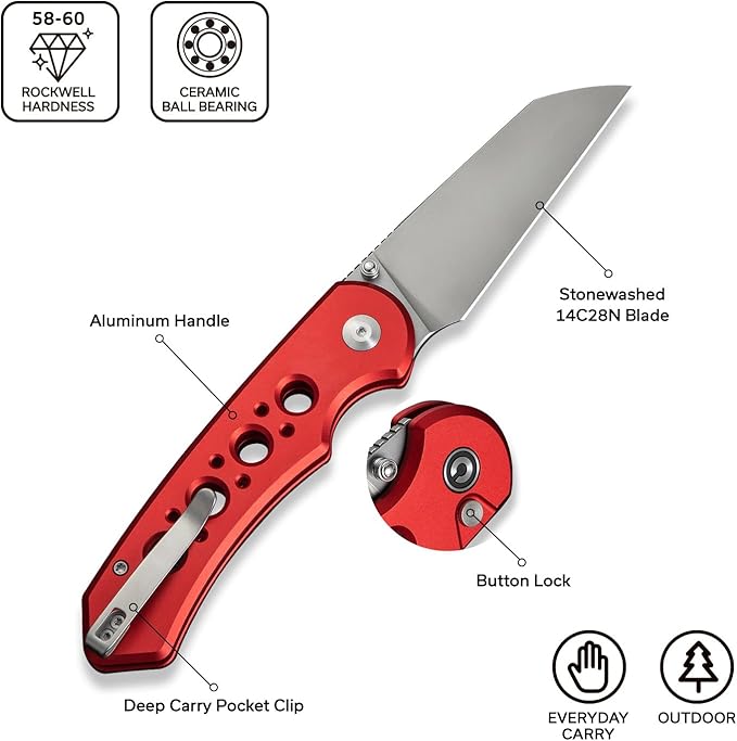 CIVIVI Pragma Prime Pocket Knife for EDC 3.49 14C28N Blade Aluminum Handle with Reversible Clip Camping Hiking Folding Knife for Men Women C24067-2 Red