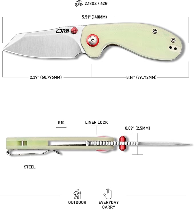 CJRB Maileah Glow in the Dark G10 Handle Pocket Knife for Men 2.39'' AR-RPM9 Steel Blade EDC Folding Knife with Liner Lock for Outdoor Camping Hiking Limited Edition(J1918-GD)