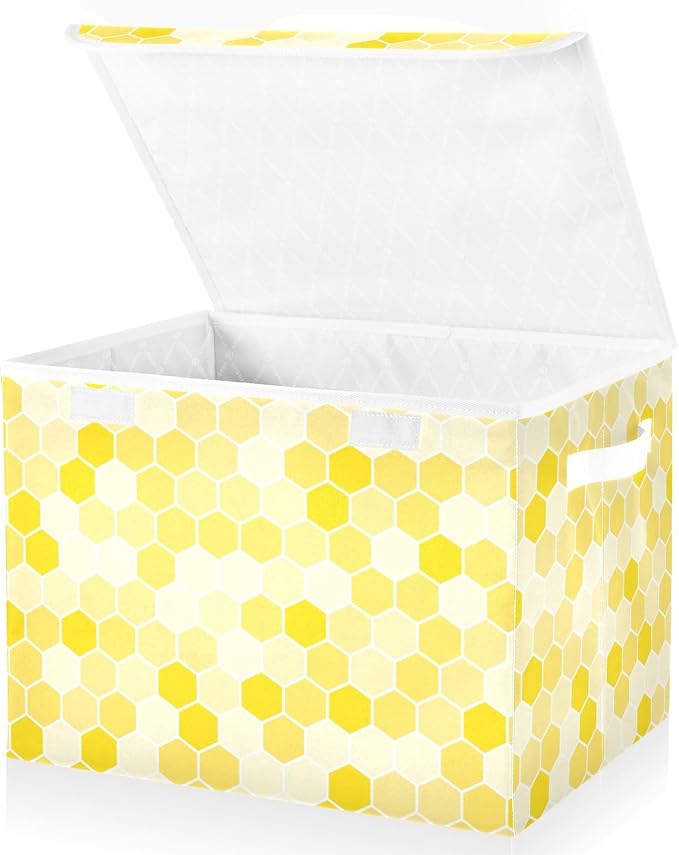 susiyo Large Foldable Storage Bin with Flip-Top Lid Yellow Bee Honeycomb Storage Box Collapsible Closet Organizer Containers Boxes Decorative Baskets with Handles for Home Bedroom Living Room Office