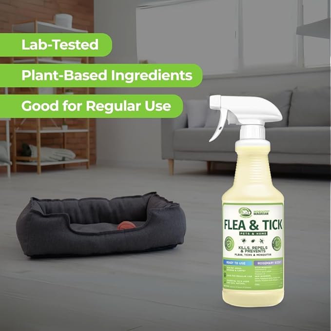 Mosquito Magician Indoor and Outdoor Flea &amp Tick Spray - Use for Carpet Furniture Bedding Couches &amp Pets – Plant-Sourced with Essential Oil – Mint 32 OZ