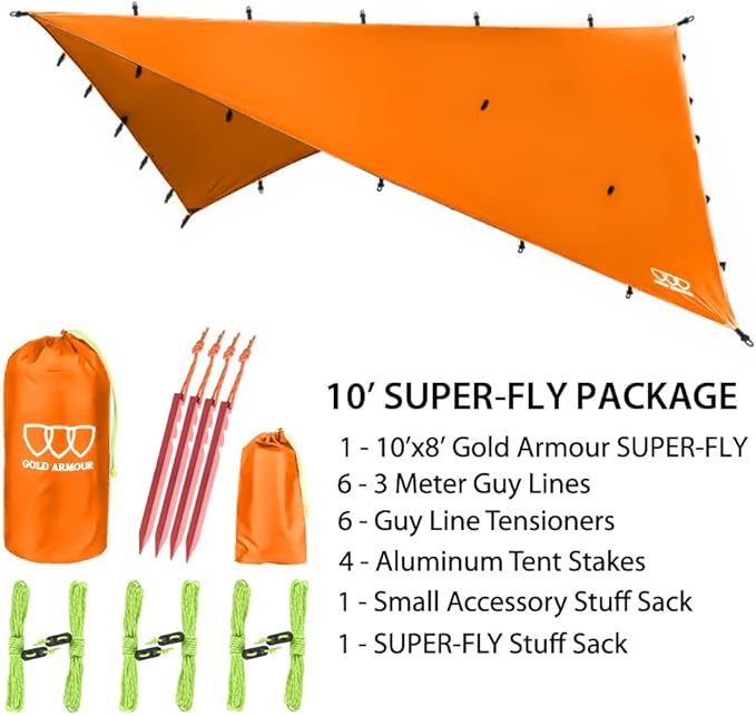 Gold Armour Rainfly Tarp Hammock Premium 14.7ft/12ft/10ft/8ft Rain Fly Cover Waterproof Ultralight Camping Shelter Canopy Survival Equipment Gear Camping Tent Accessories (Orange 10ft x 8ft)