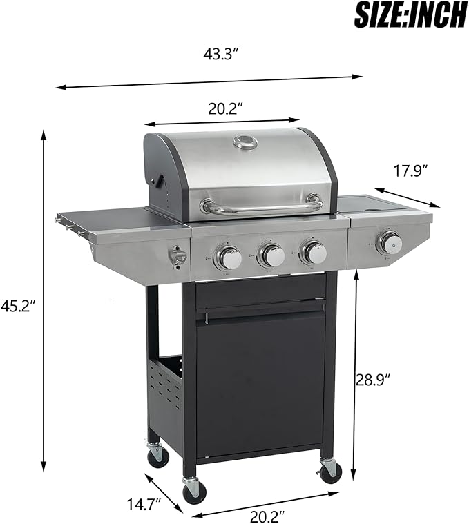 3 Burner Outdoor Propane Gas Grill with Side Burner &amp Thermometer Stainless Steel Barbecue Grill with Wheels for Patio BBQ Cooking Camping (3 Burner)