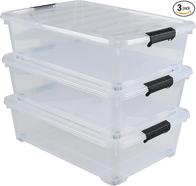 Hespama 3 Pack Plastic Storage Boxes with Lids 20 Quart Rolling Plastic Bins for Under the Bed