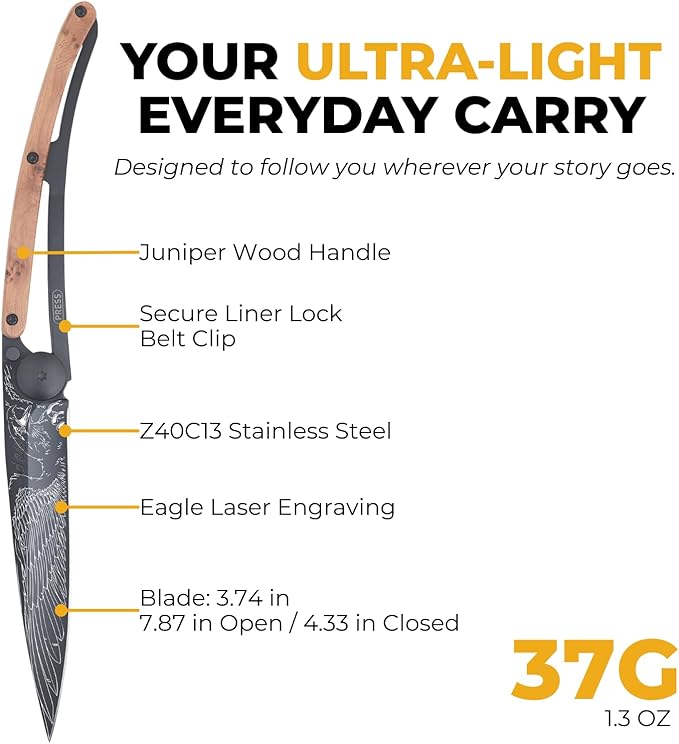 deejo - 37G Folding Pocket Knife with Belt Clip - Eagle Design 3.7-Inch Stainless Steel Blade Black Titanium Finish Juniper Wood Handle - Lightweight Everyday Carry for Home Work and Outdoor Use