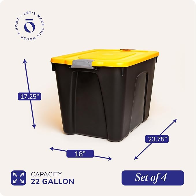 Homz 22-Gallon Durabilt Plastic Stackable Home Office Garage Storage Organization Container Bin w/Latching Lid and Handles Black/Yellow (4 Pack)