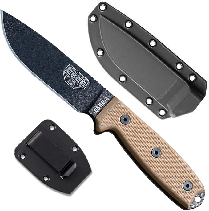 ESEE 4P Survival Knife - Field Tested Fixed Blade Knife with Molded Polymer Sheath &amp Clip Plate Full Tang Plain Edge - Durable Outdoor Camping Blade with Sheath for Survival