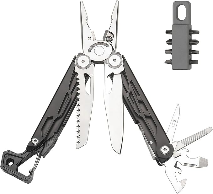 Multitool 25-in-1 Full-Size Lightweight EDC Camping Knives &amp Tools Multi-Purpose Pliers Knife Outdoor Survival Gear Men Gift Ideas Gifts for Hunters Men who have Everything (Black-Silver）