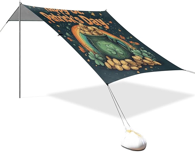 St Patrick's Day Coin Pot Beach Tent Sun Shelter Set UPF50+ UV Protection 10.5 x 9.19 FT Camping Shade Canopy with Sandbags Sand Anchors Carrying Bag and Others