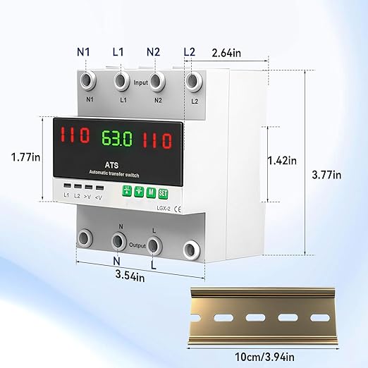 63A 110V Automatic/Manual Transfer Switch Dual Power Selector with LED Display for Home Generator and Backup Power L1 Priority Phase Selector Din Rail Mount 50/60Hz
