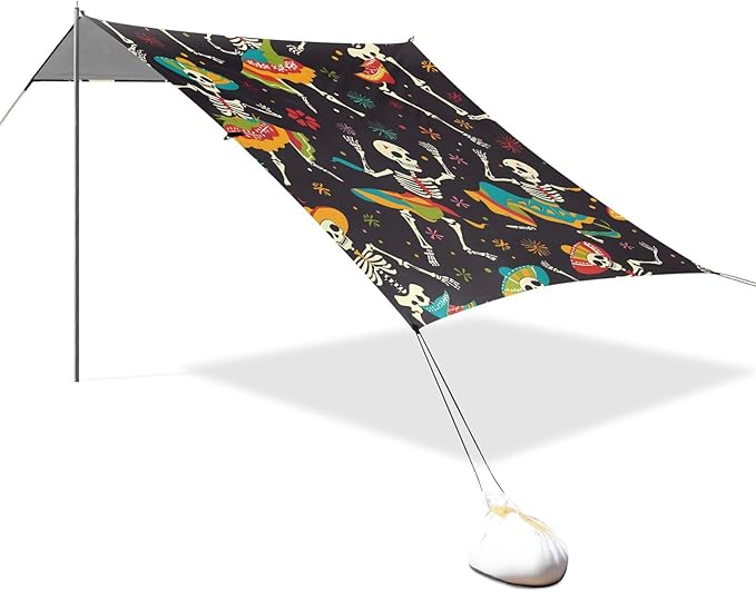 ALAZA Suagr Skulls Day of Dead Beach Tent Sun Shelter UPF50+ Protection Beach Shade Canopy w/ 4 Sandbags for Outdoor Camping Fishing Backyard Fun Picnic 10x9 ft