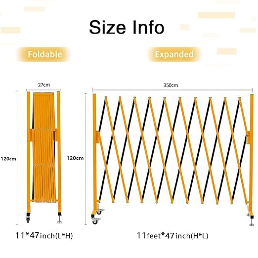 GYMTIME Industrial Expandable Metal Barricade 11 FT 47 inch high Yellow and Black Upgraded Portable Safety Barrier with Casters Flexible Fence Mobile Barrier Gate Adjustable Traffic Fence