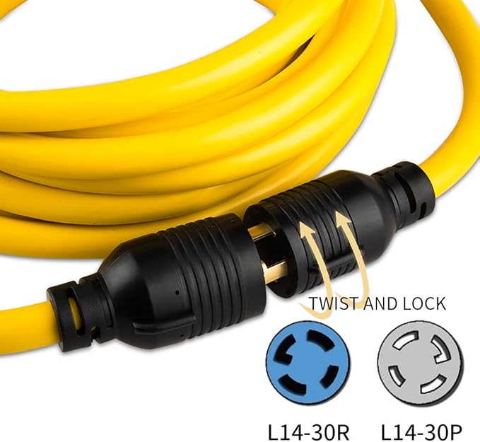 50 FEET Heavy Duty Generator Locking Power Cord NEMA L14-30P/L14-30R4 Prong 10 Gauge SJTW Cable 125/250V 30Amp 7500 Watts Yellow Generator Lock Extension Cord with UL Listed Yodotek