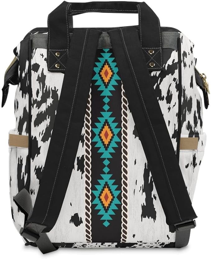 Cowhide Aztec Diaper Backpack/Cow Print Travel bag/Southwestern Shoulder bag/Cowgirl Bag/Trendy Aztec Western Bookbag/Western Carry On