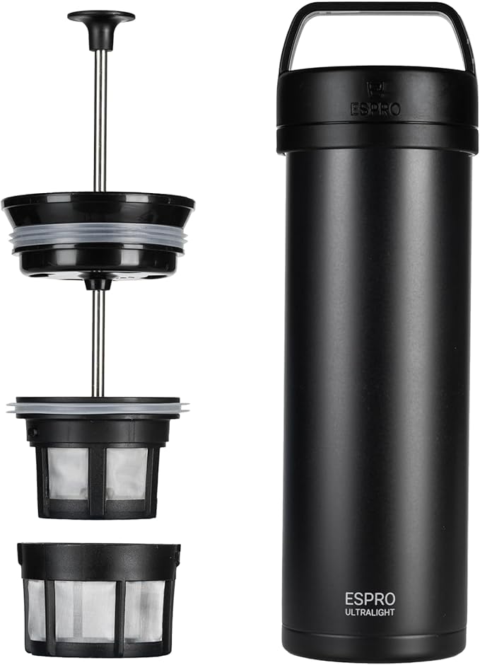 ESPRO Go P0 Ultralight French Press Coffee Maker for Travel Vacuum Insulated Stainless Steel 16 Ounces Matte Meteorite Black